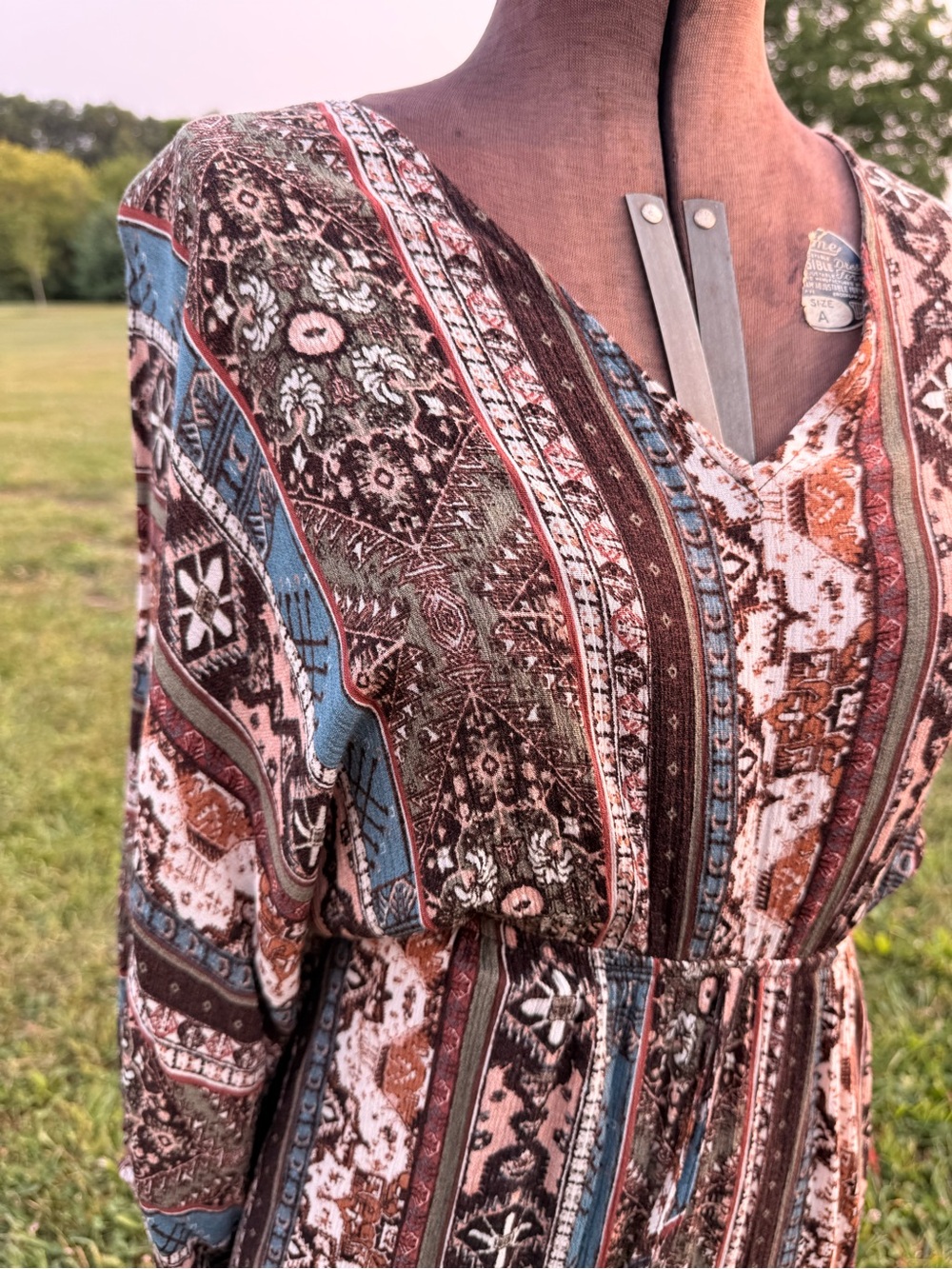 Boho V-Neck Long Sleeve Maxi Dress in Multi Brown and Blue